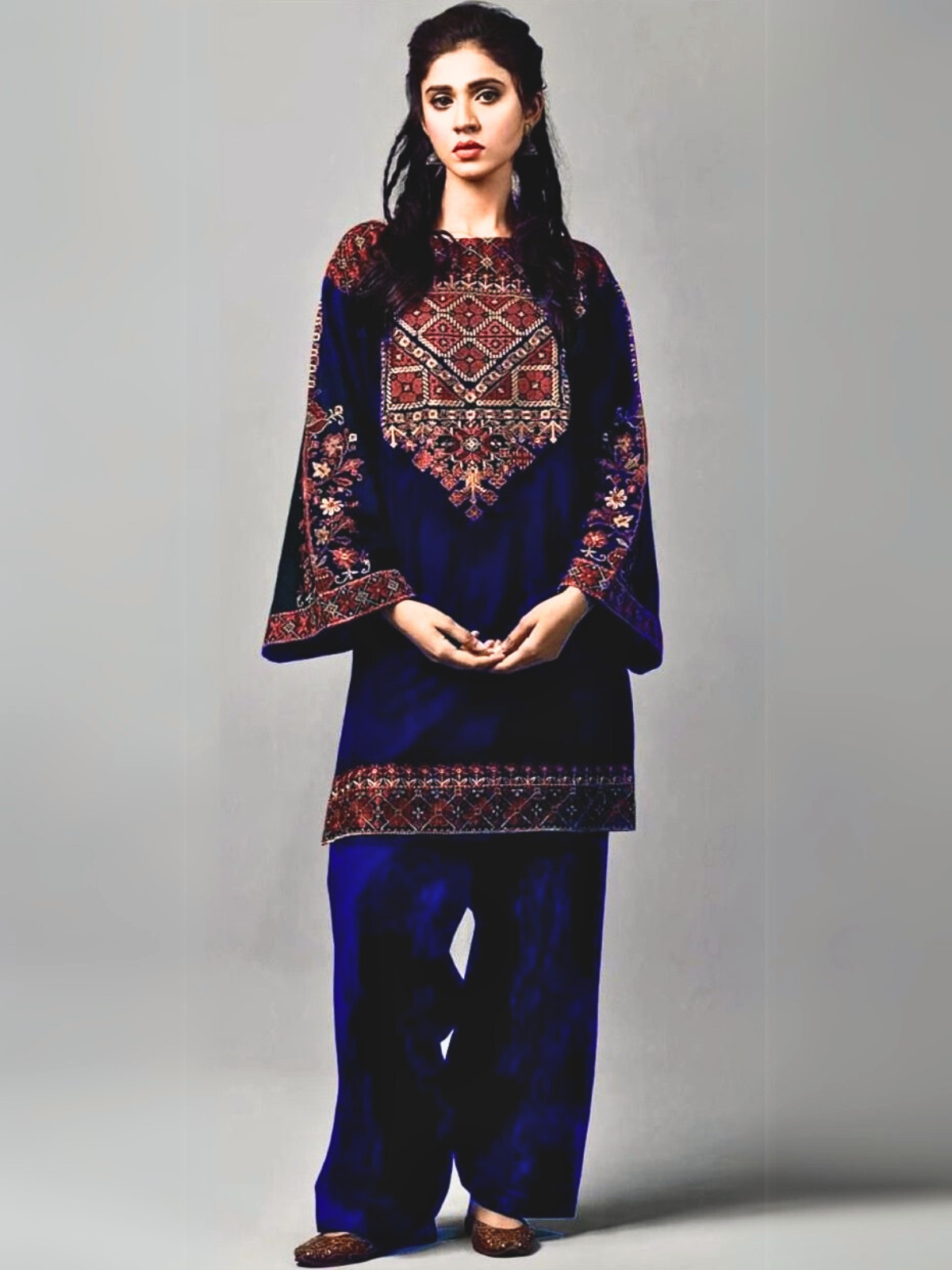 Embroidered 2Pc Dhanak Unstitched Winter Dress With EMB Patches - Blue W619