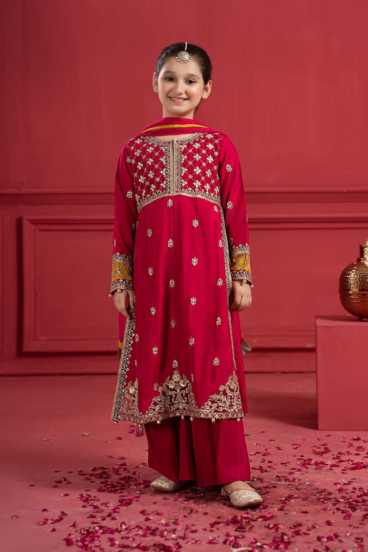 Kids 3PC Embroidered Lawn Dress With Net Dupatta - Unstitched - AL39