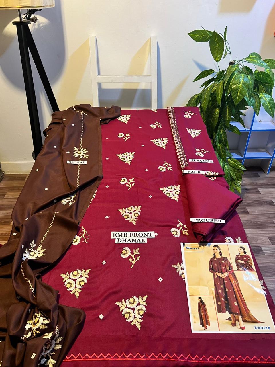 Fully EMB 3PC Dhanak Unstitched Winter Dress With EMB Shawl - W103