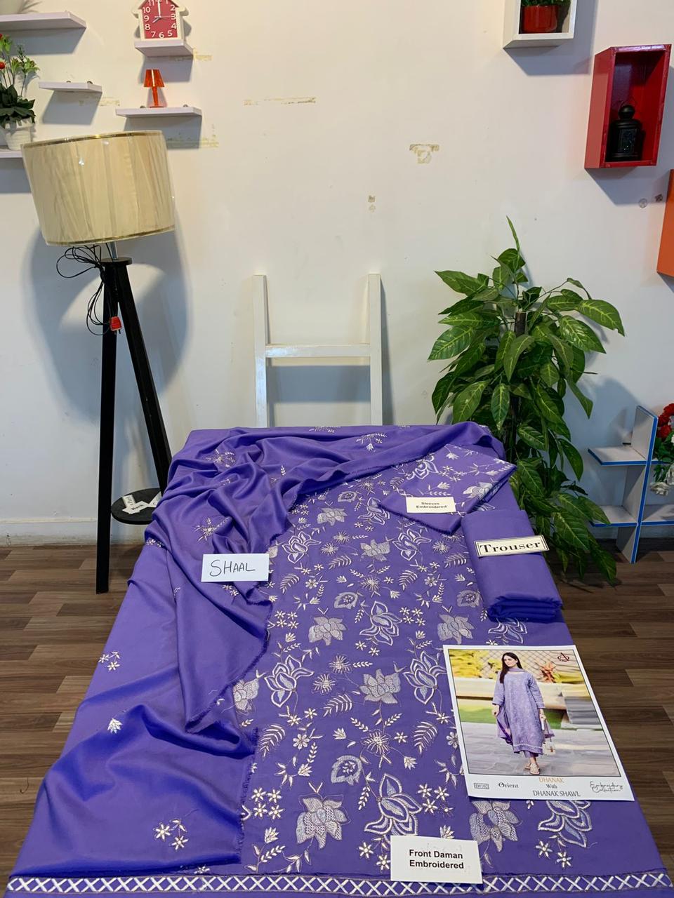 Fully EMB 3PC Dhanak Unstitched Winter Dress With EMB Shawl - W100