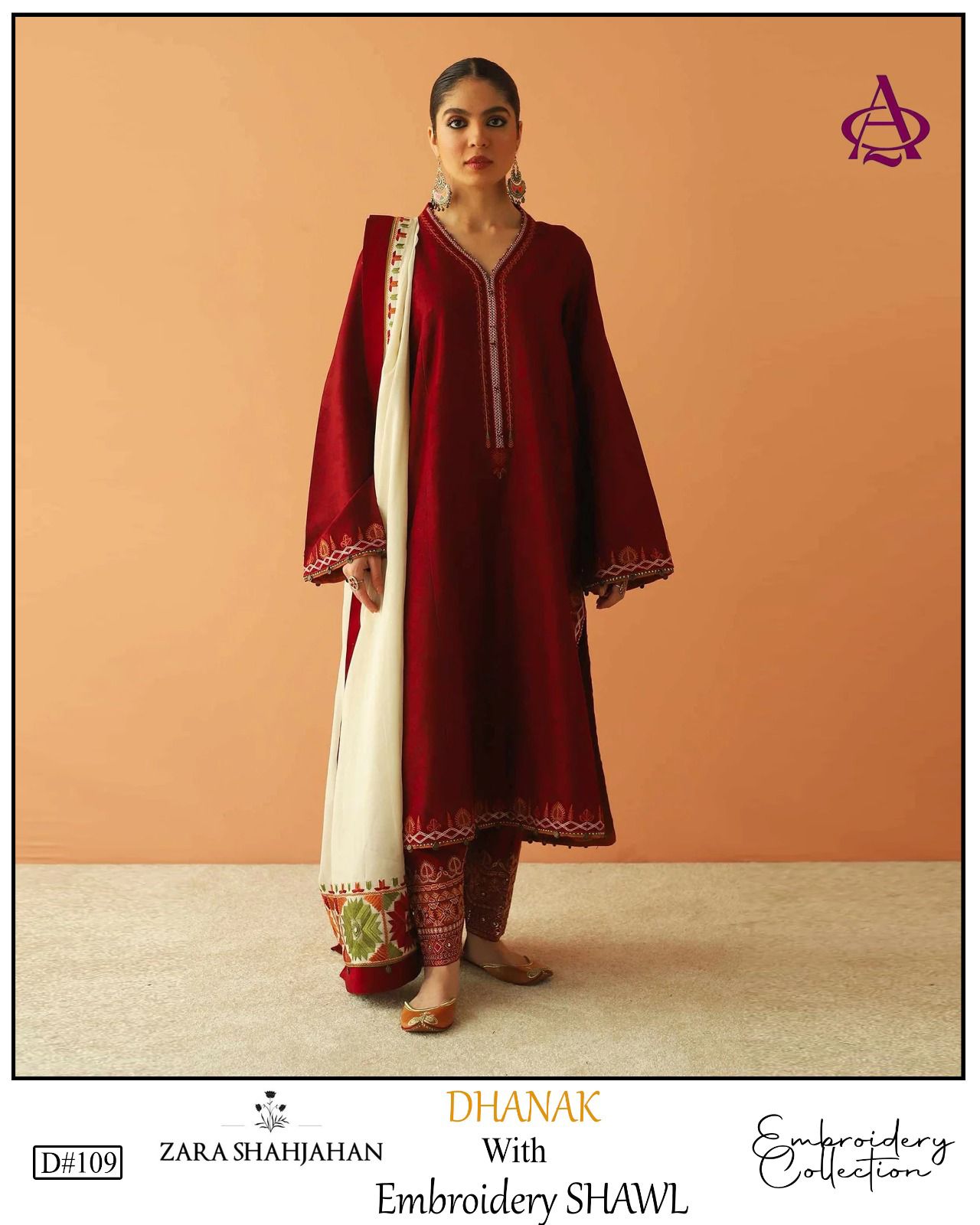 Fully EMB 3PC Dhanak Unstitched Winter Dress With EMB Shawl - W106