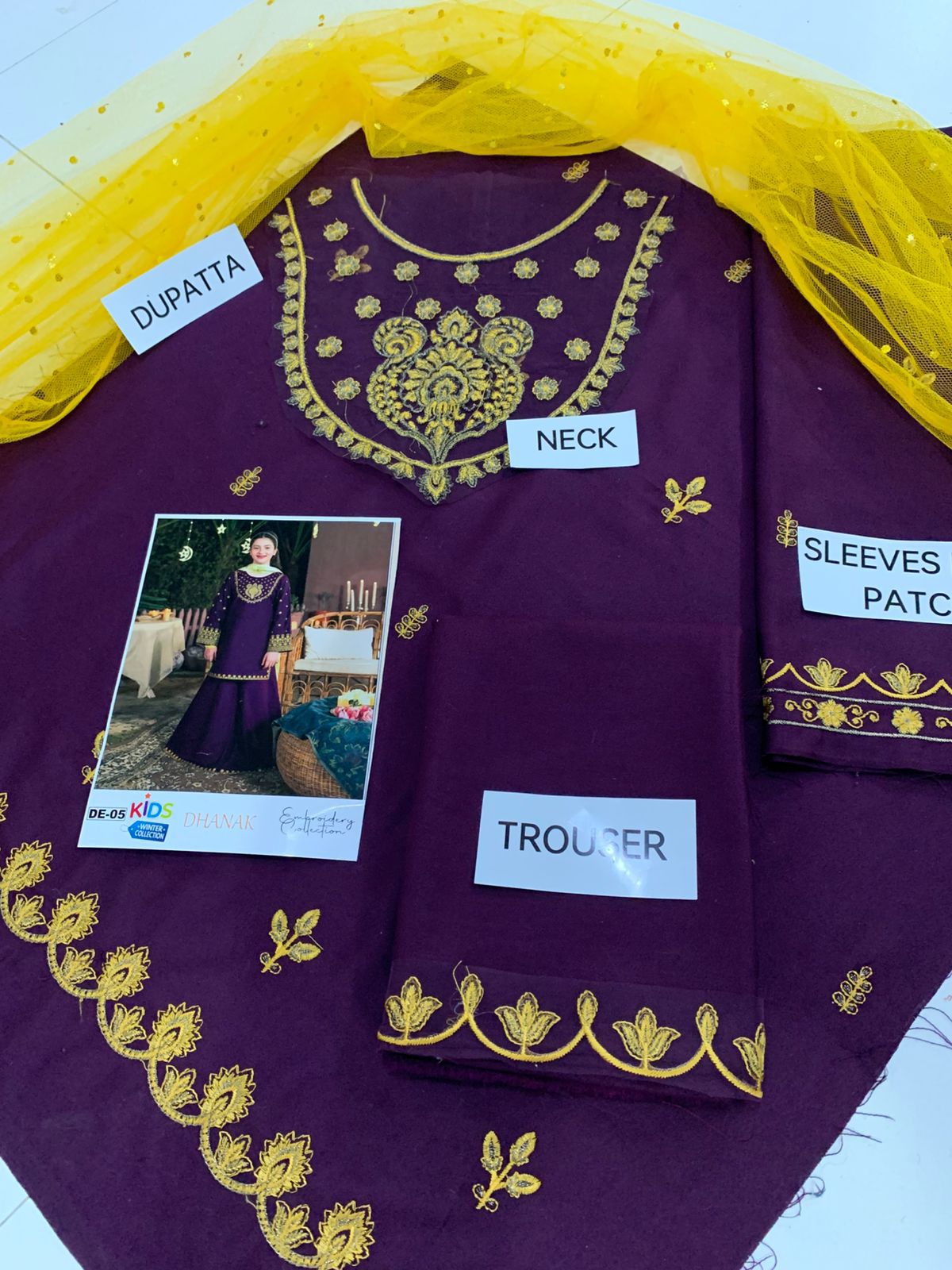 Kids 3PC Embroidered Winter Dress With Net Dupatta - Unstitched - DE05