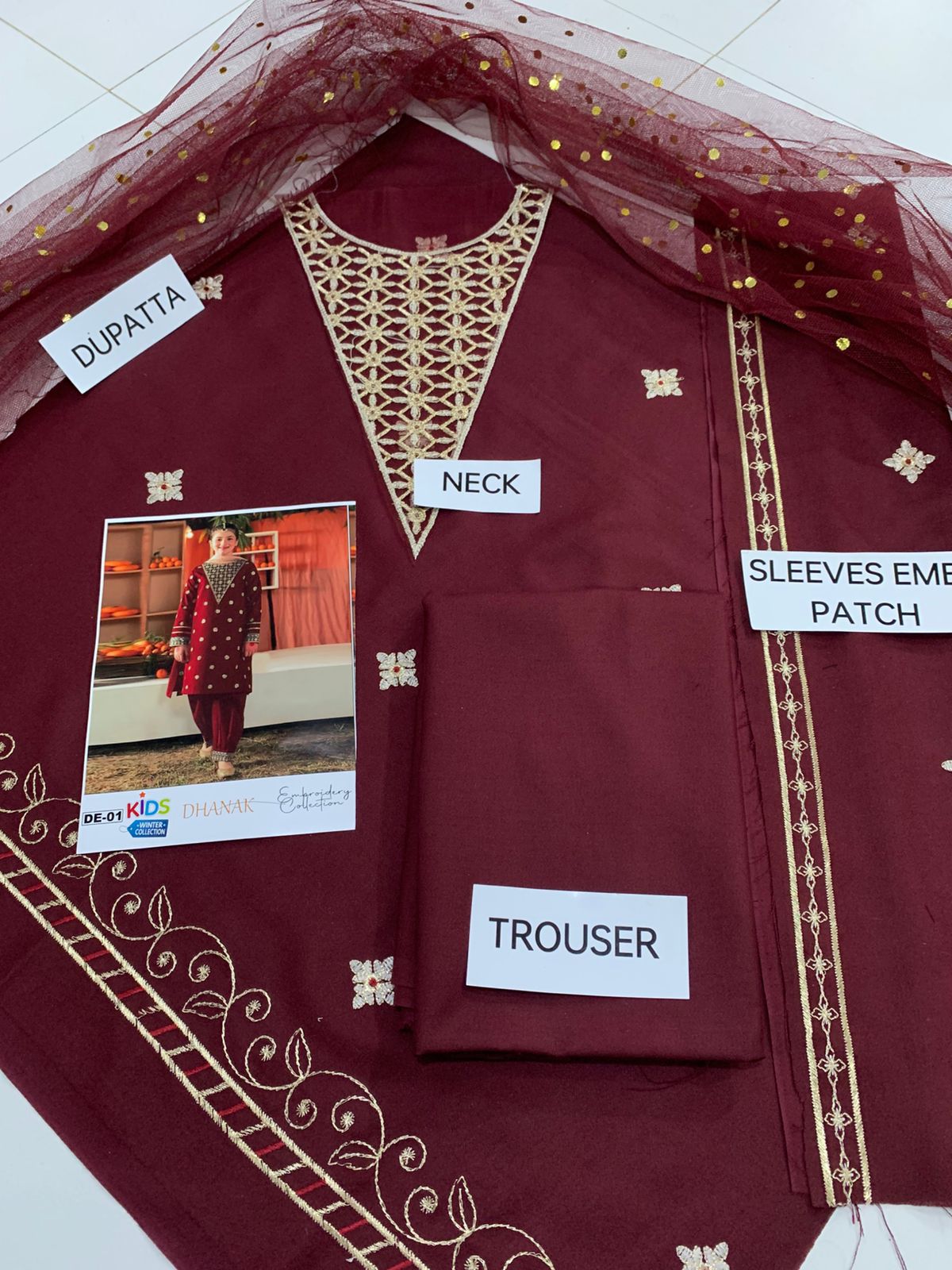 Kids 3PC Embroidered Winter Dress With Net Dupatta - Unstitched - DE01