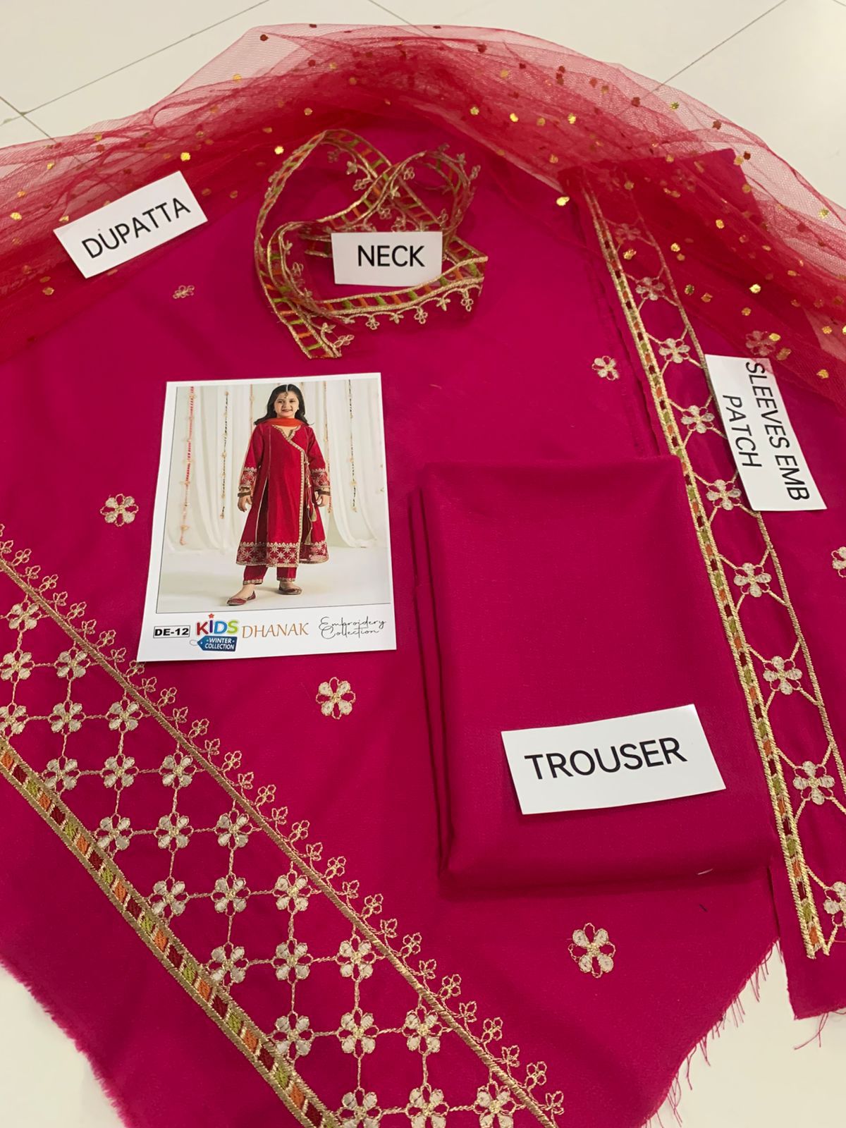 Kids 3PC Embroidered Winter Dress With Net Dupatta - Unstitched - DE12