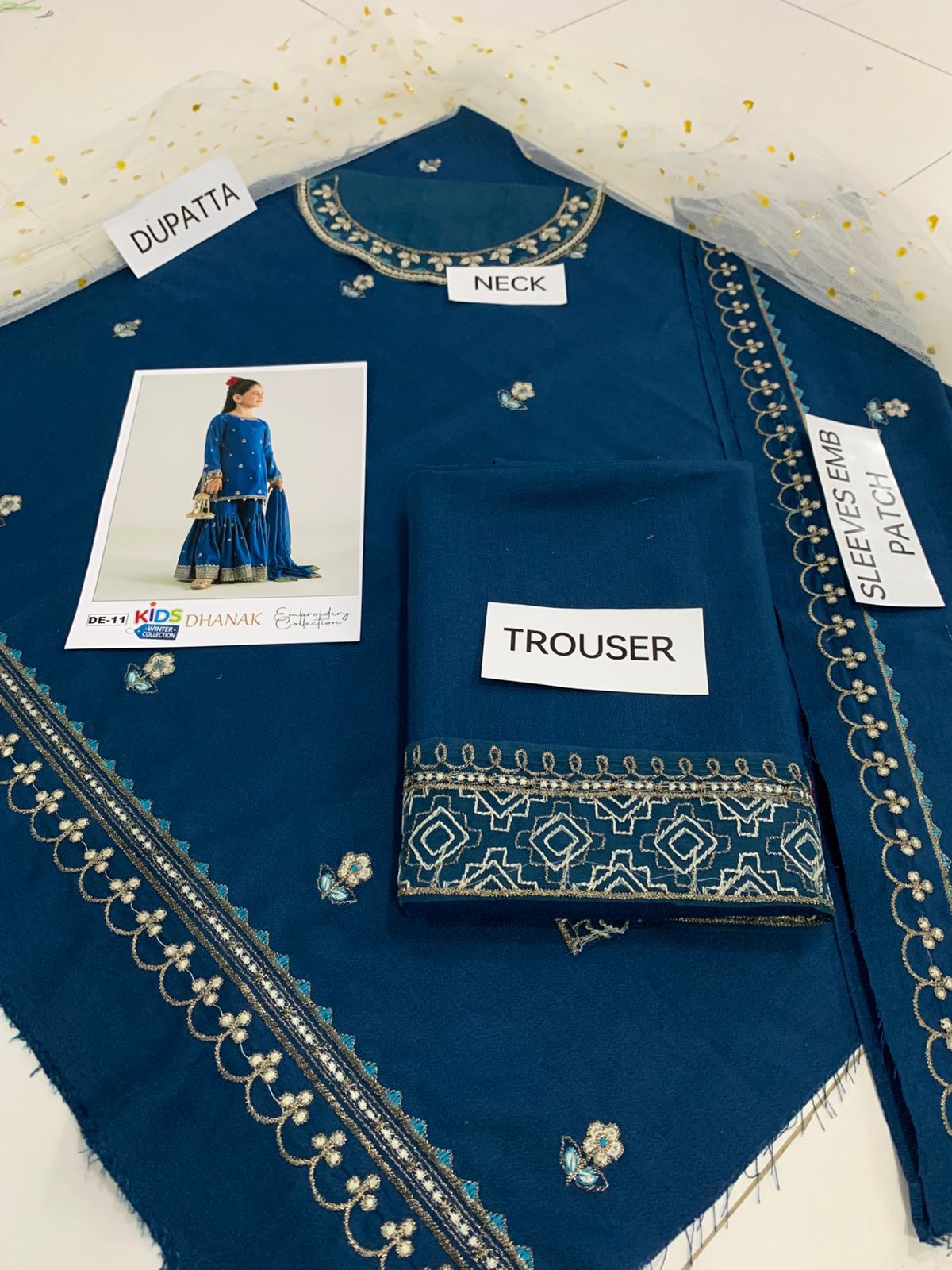 Kids 3PC Embroidered Winter Dress With Net Dupatta - Unstitched - DE11