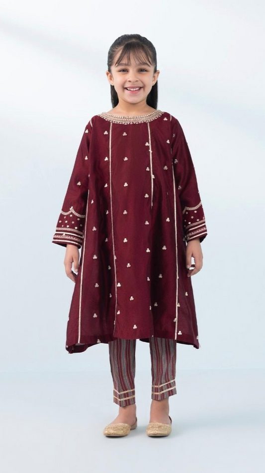 Kids 3PC Embroidered Lawn Dress With Net Dupatta - Unstitched - AL302