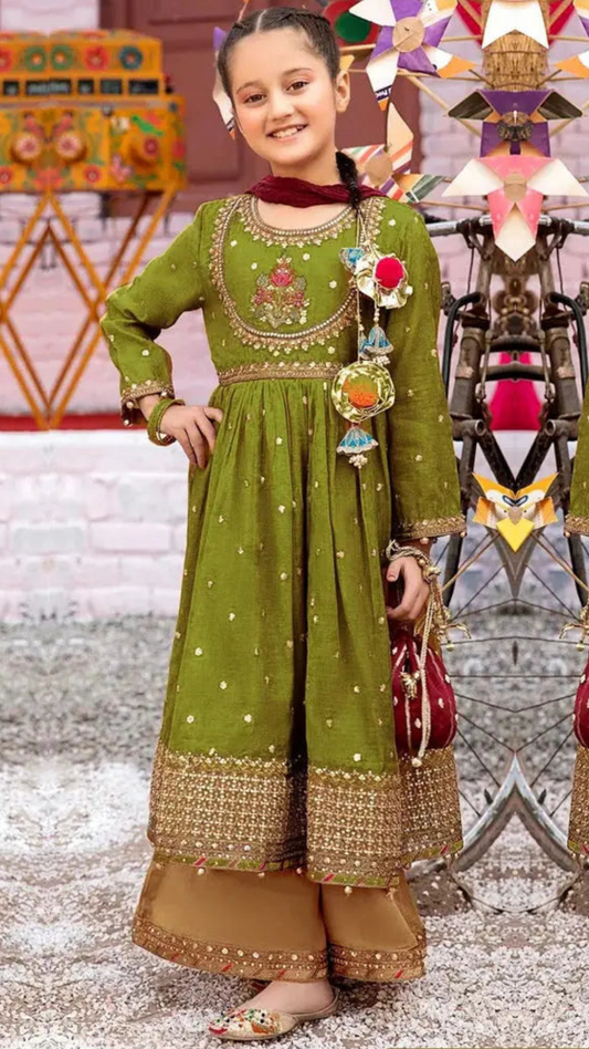 Kids 3PC Embroidered Lawn Dress With Net Dupatta - Unstitched - AL304