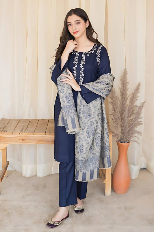 Dhanak 3PC Embroidered Suit With Dhanak Printed Shawl - DH125