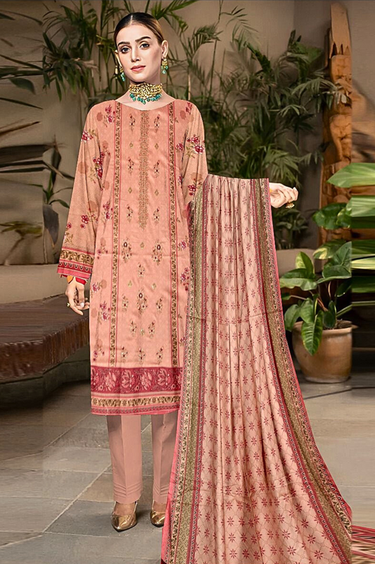 Dhanak 3PC Printed Suit With Embroidered Neck - DH202