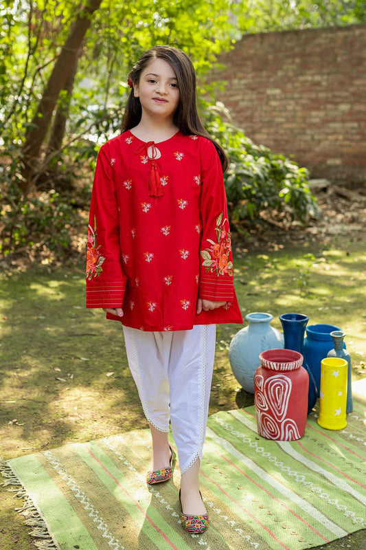 Kids 3PC Embroidered Lawn Dress With Net Dupatta - Unstitched - AL314