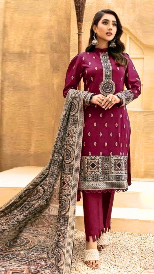 Dhanak Fully Embroidered 3PC Suit With Dhanak Full Embroidered Shawl - DH108 - RAAJKOMARI