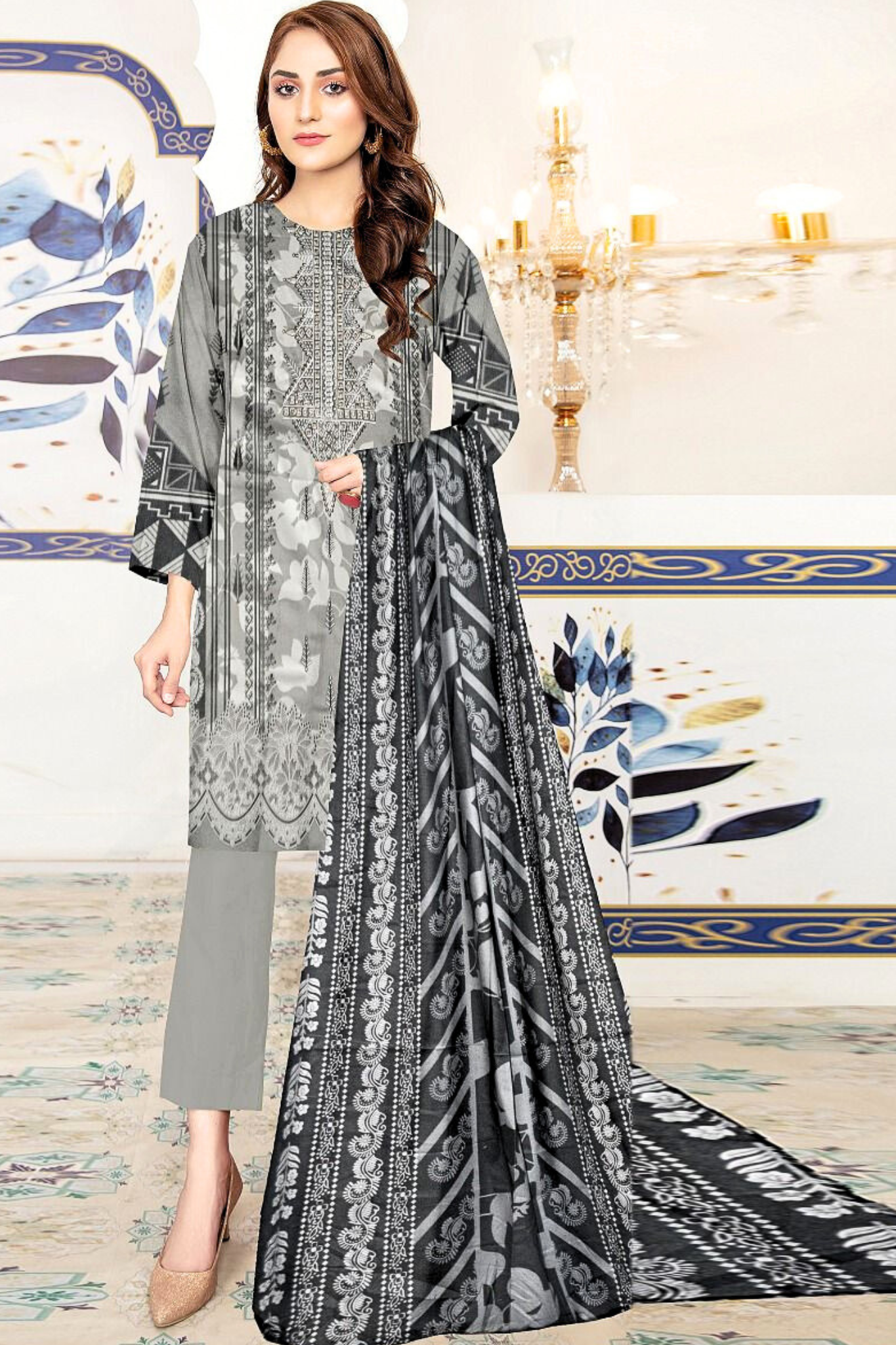 Dhanak 3PC Printed Suit With Embroidered Neck - DH203