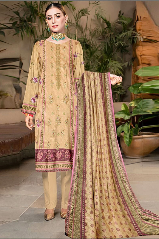 Dhanak 3PC Printed Suit With Embroidered Neck - DH204