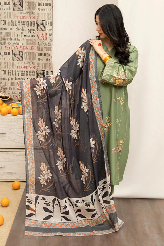 Dhanak 3PC Embroidered Suit With Dhanak Printed Shawl - DH136