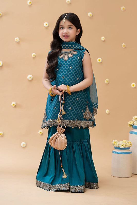 Kids 3PC Embroidered Lawn Dress With Net Dupatta - Unstitched - AL313