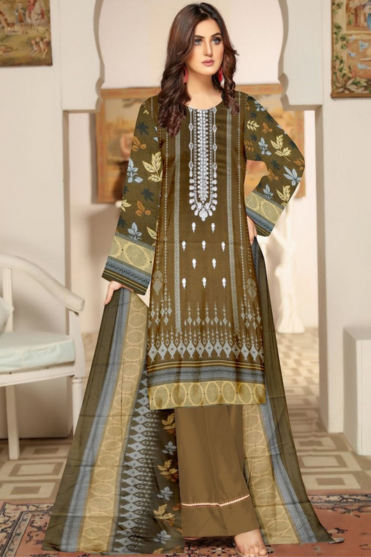 Dhanak 3PC Printed Suit With Embroidered Neck - DH205