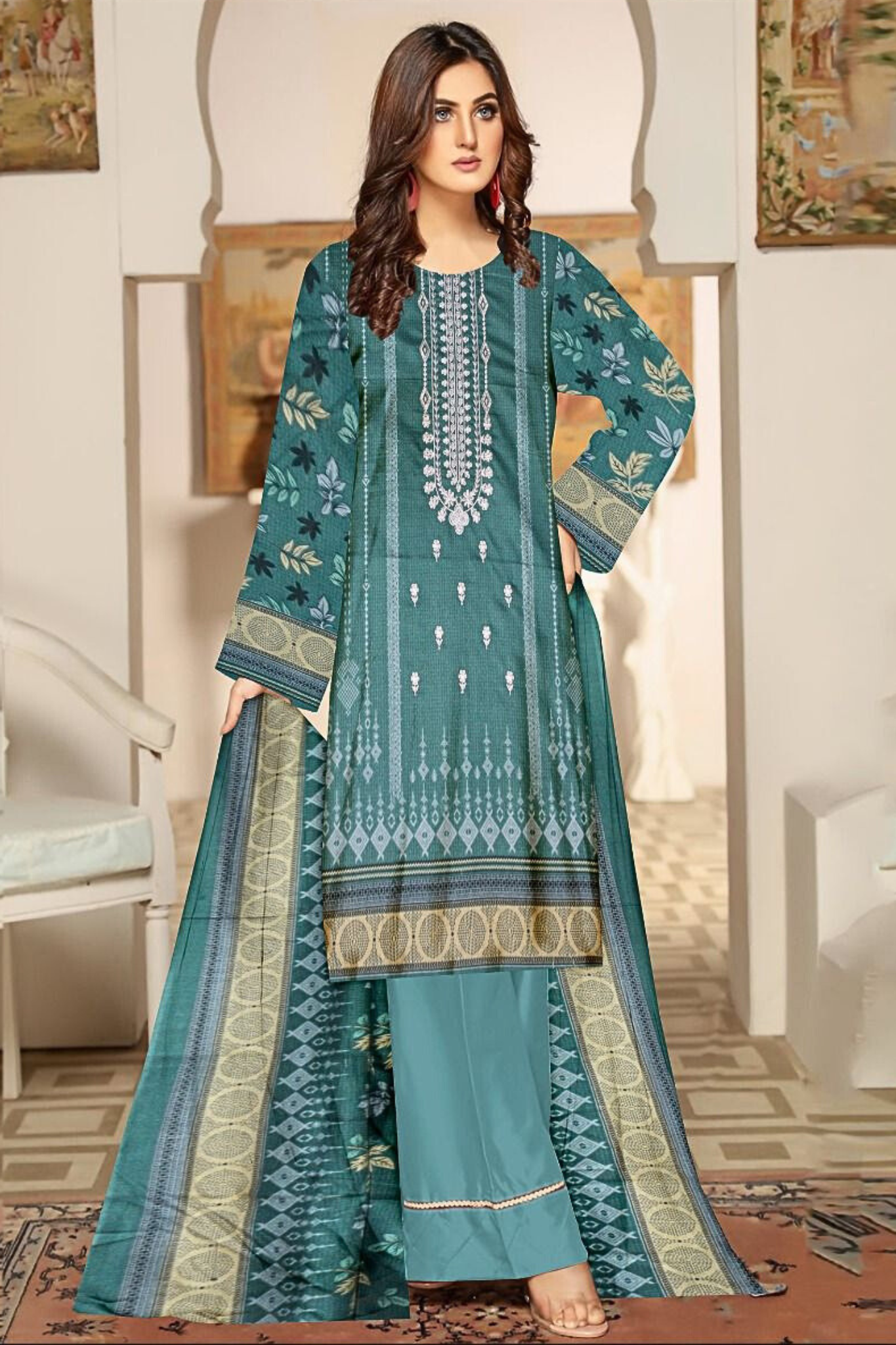 Dhanak 3PC Printed Suit With Embroidered Neck - DH201