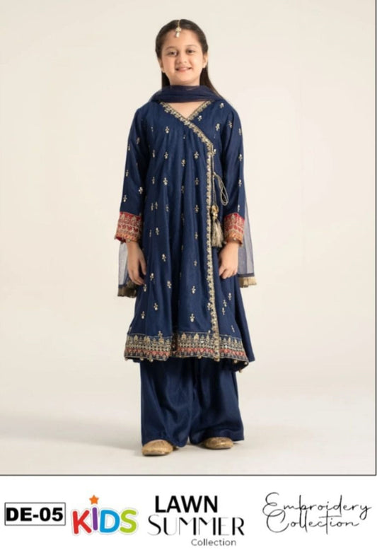 Kids 3PC Embroidered Summer Dress With Net Dupatta - Unstitched - DE-05