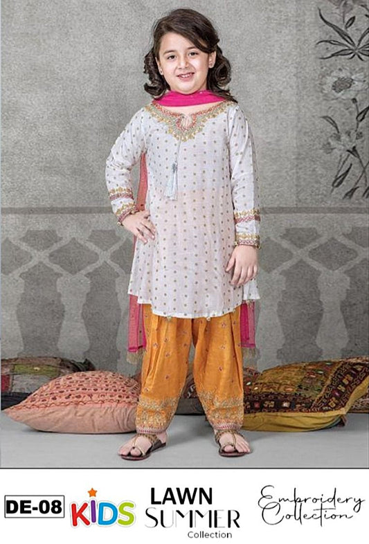 Kids 3PC Embroidered Summer Dress With Net Dupatta - Unstitched - DE-08