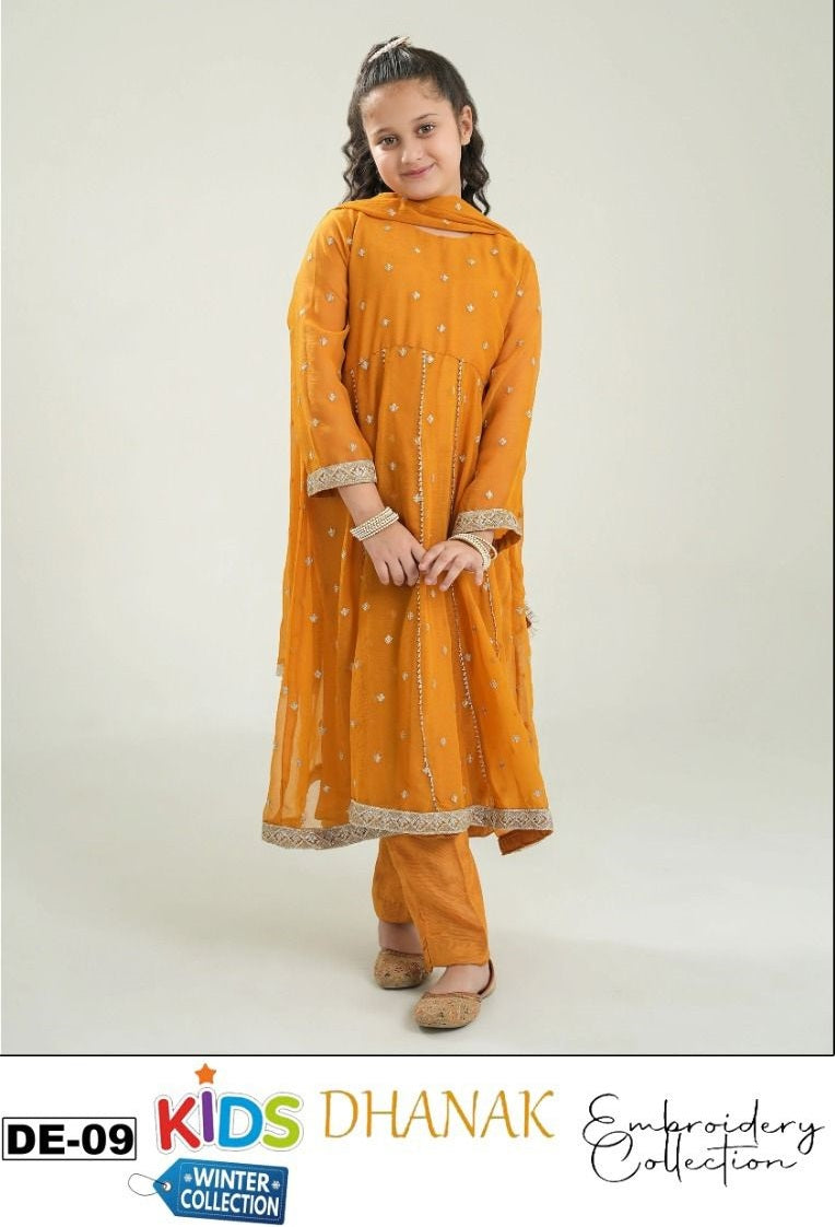 Kids 3PC Embroidered Winter Dress With Net Dupatta - Unstitched - DE09