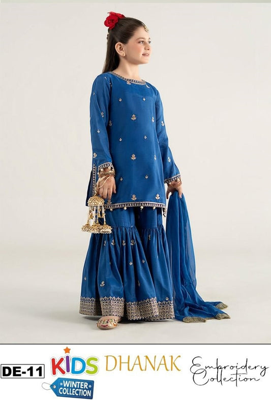 Kids 3PC Embroidered Winter Dress With Net Dupatta - Unstitched - DE11
