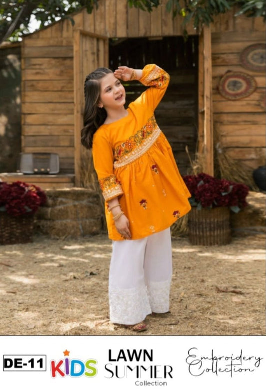 Kids 3PC Embroidered Summer Dress With Net Dupatta - Unstitched - DE-11