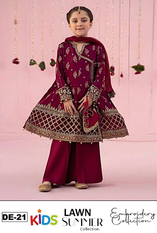 Kids 3PC Embroidered Summer Dress With Net Dupatta - Unstitched - DE-21