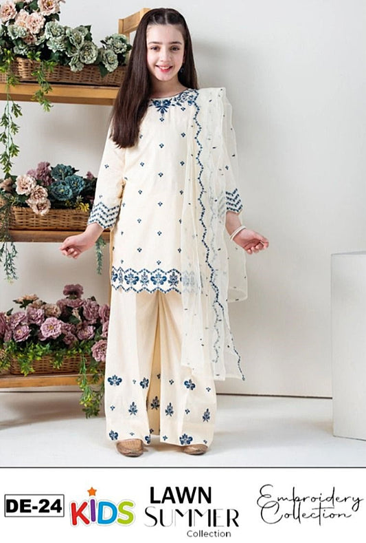 Kids 3PC Embroidered Summer Dress With Net Dupatta - Unstitched - DE-24