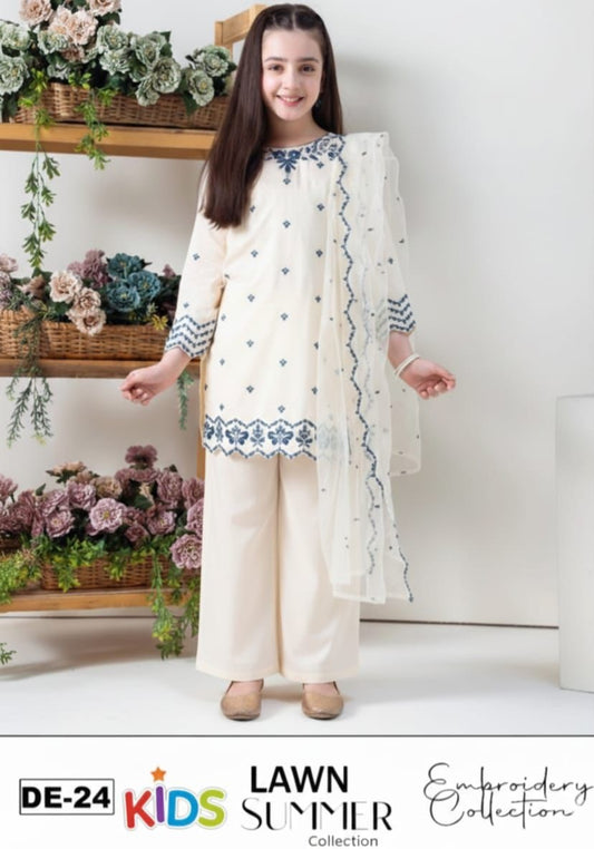 Kids 3PC Embroidered Summer Dress With Net Dupatta - Unstitched - DE-24