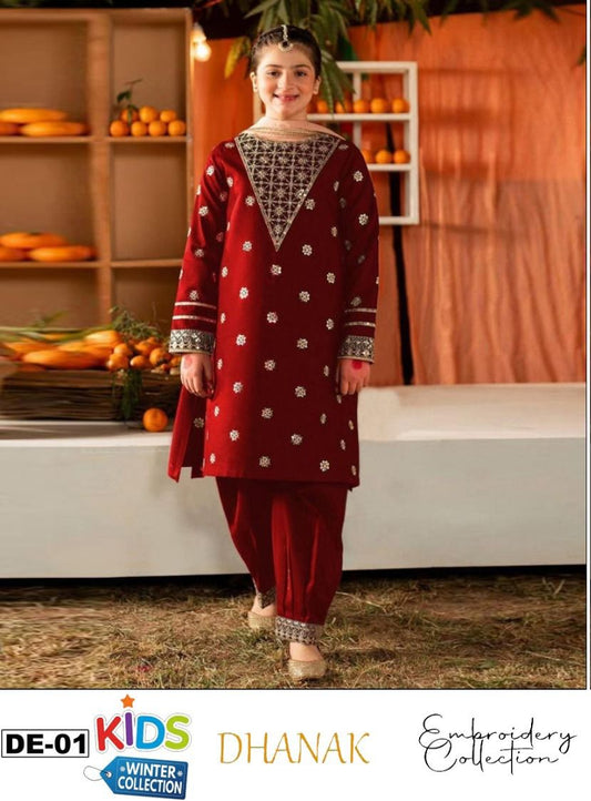 Kids 3PC Embroidered Winter Dress With Net Dupatta - Unstitched - DE01