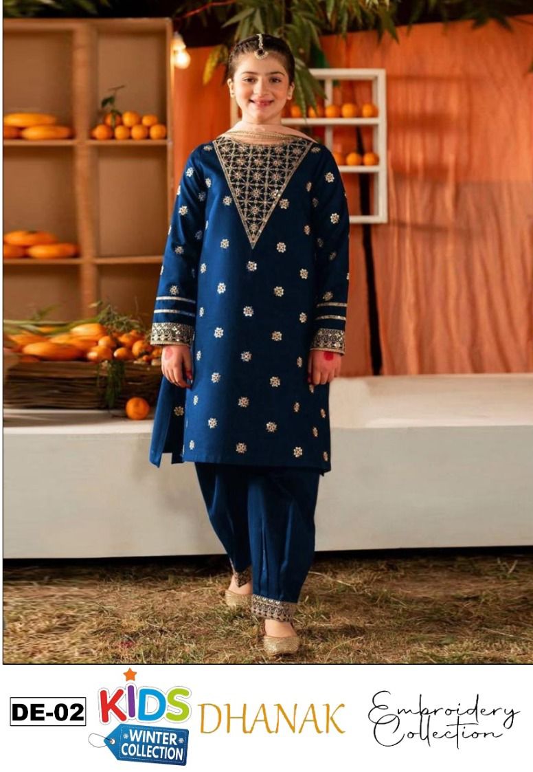 Kids 3PC Embroidered Winter Dress With Net Dupatta - Unstitched - DE02
