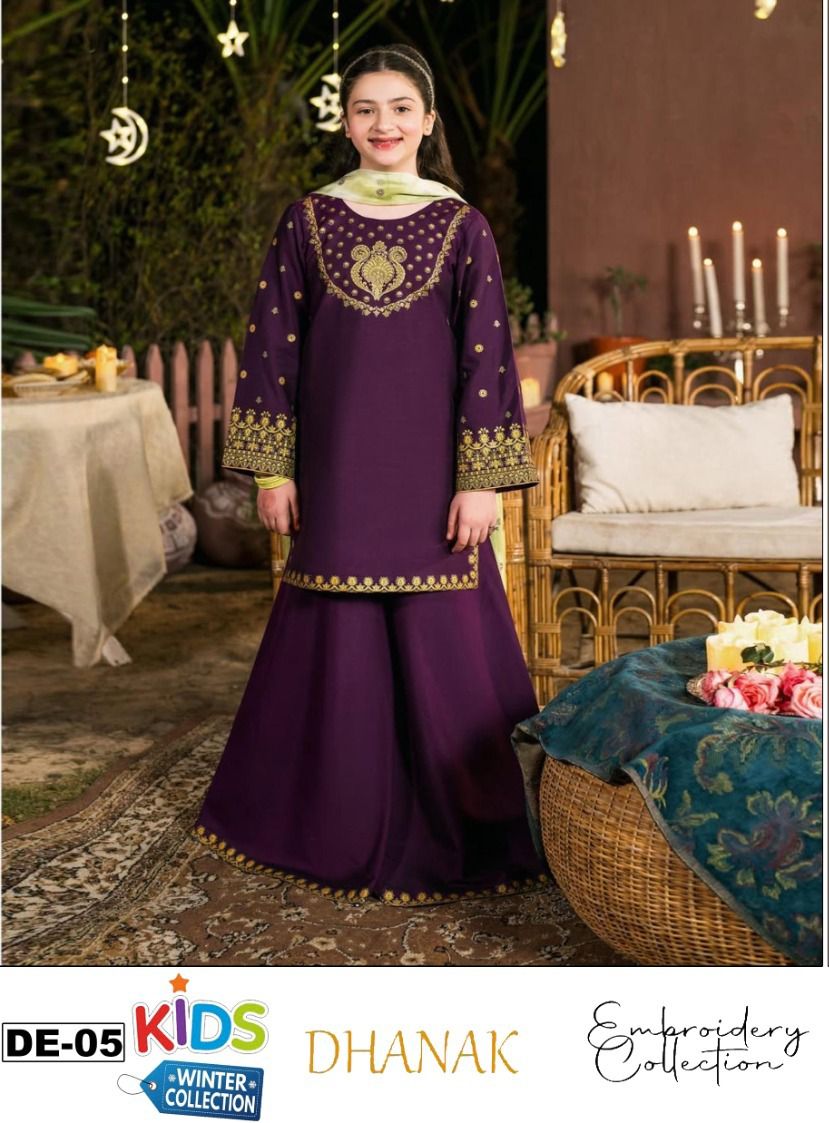 Kids 3PC Embroidered Winter Dress With Net Dupatta - Unstitched - DE05