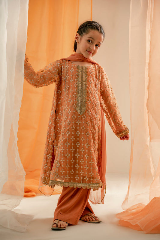 Kids 3PC Embroidered Lawn Dress With Net Dupatta - Unstitched - AL305