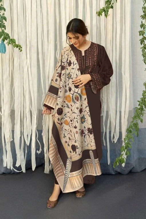 Dhanak 3PC Embroidered Suit With Dhanak Printed Shawl - DH130