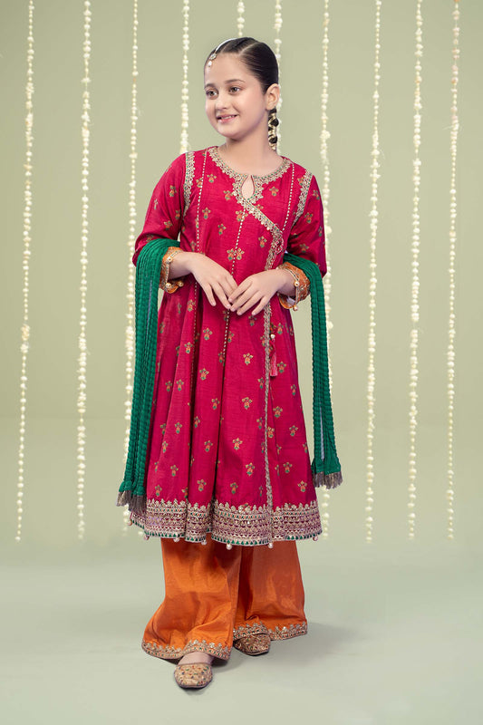 Kids 3PC Embroidered Lawn Dress With Net Dupatta - Unstitched - AL309