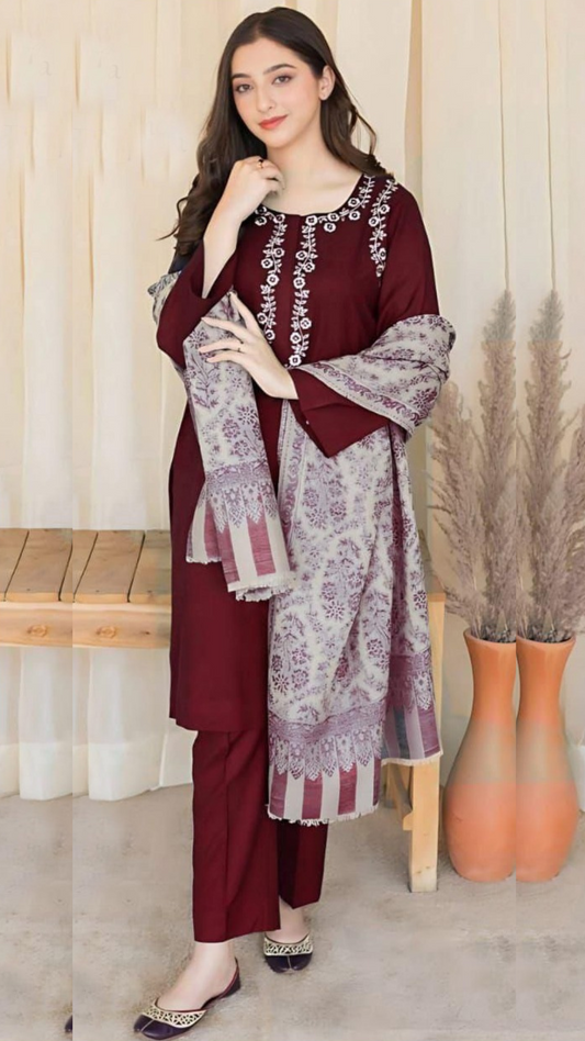 Dhanak 3PC Embroidered Suit With Dhanak Printed Shawl - DH126