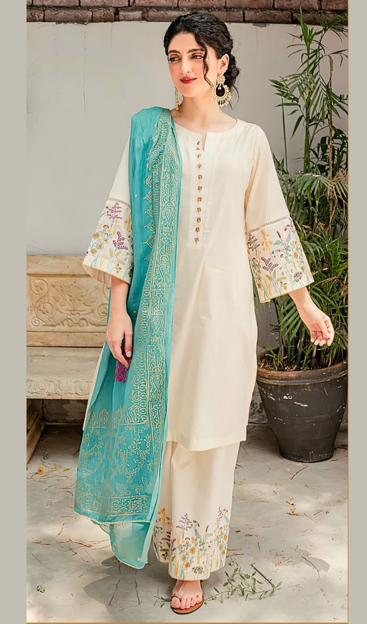 Lawn 3Pc Embroidered Suit With Digital Printed Diamond Dupatta - D9954 - RAAJKOMARI