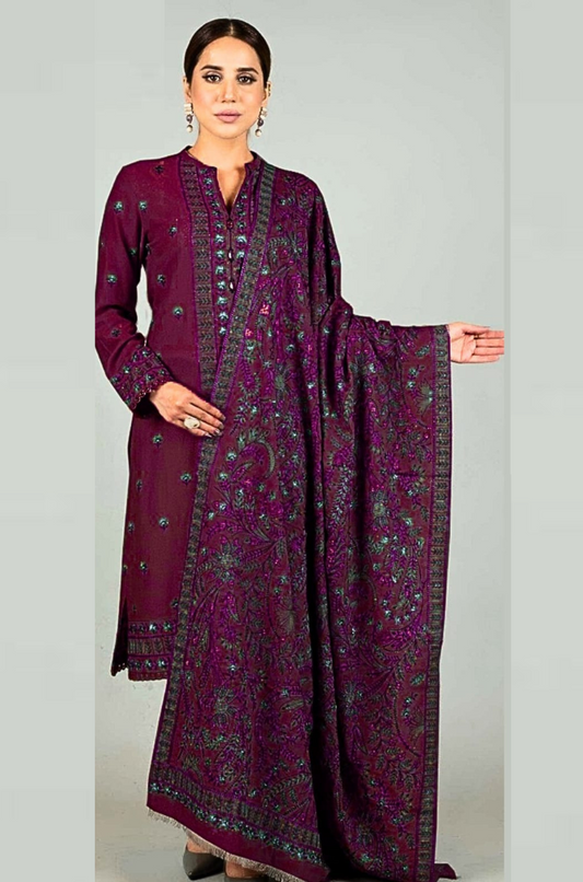 Fully Embroidered 3PC Dress With Dhanak Heavy EMB Shawl - DH018