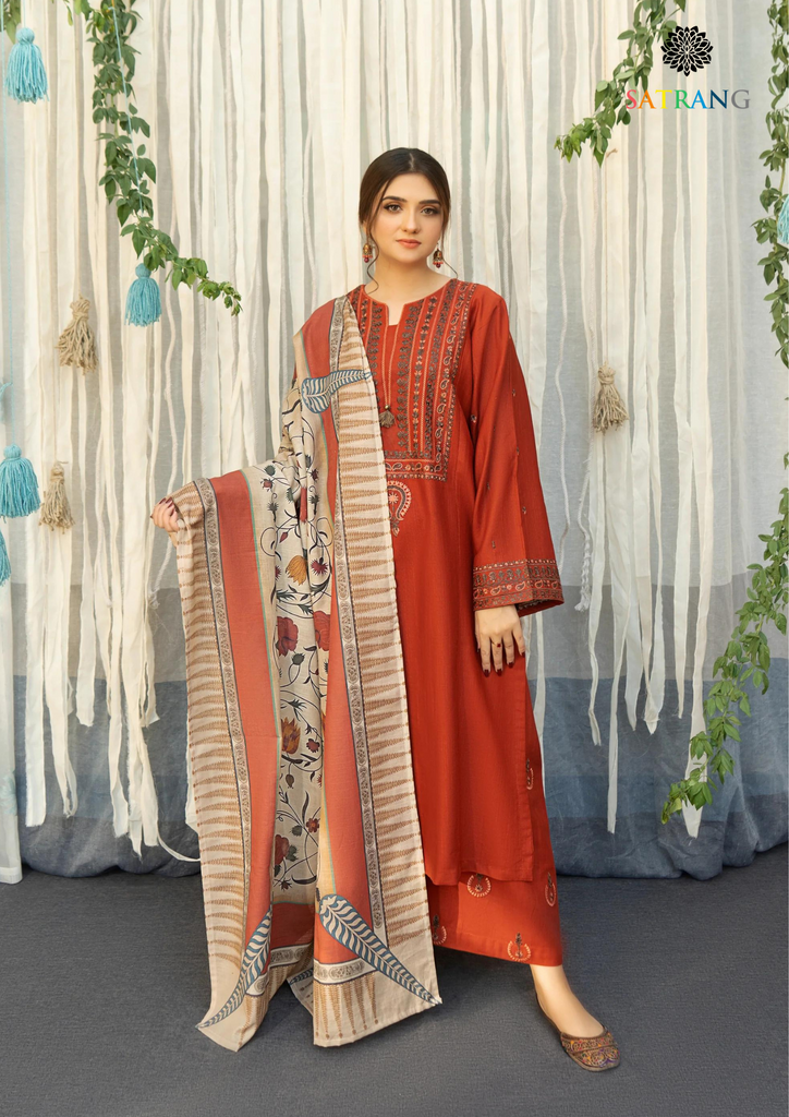 Dhanak 3PC Embroidered Suit With Dhanak Printed Shawl - DH129