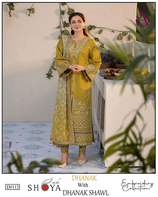 Fully EMB 3PC Dhanak Unstitched Winter Dress With Wool Shawl - W108
