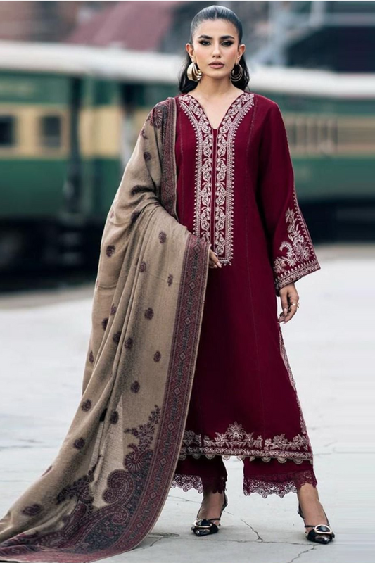 EMB 3PC Dhanak Unstitched Winter Dress With Printed Shawl- W118