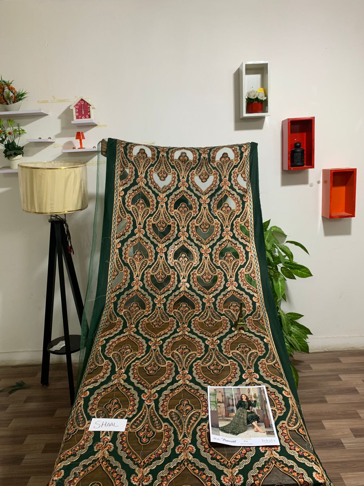 EMB 3Pc Dress With Luxury Laser Cut Work Embroidered Shawl - W700 GREEN
