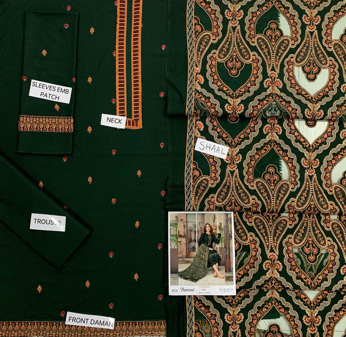 EMB 3Pc Dress With Luxury Laser Cut Work Embroidered Shawl - W700 GREEN