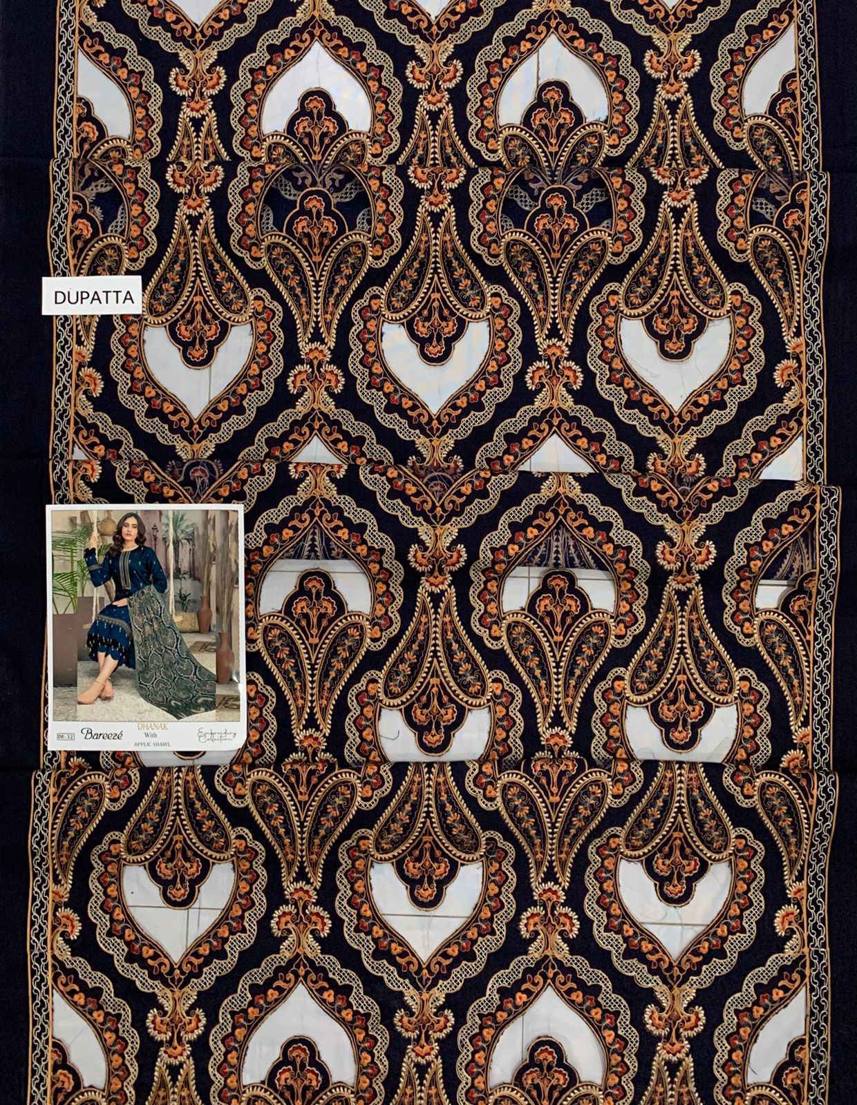 EMB 3Pc Dress With Luxury Laser Cut Work Embroidered Shawl - W702 Blue