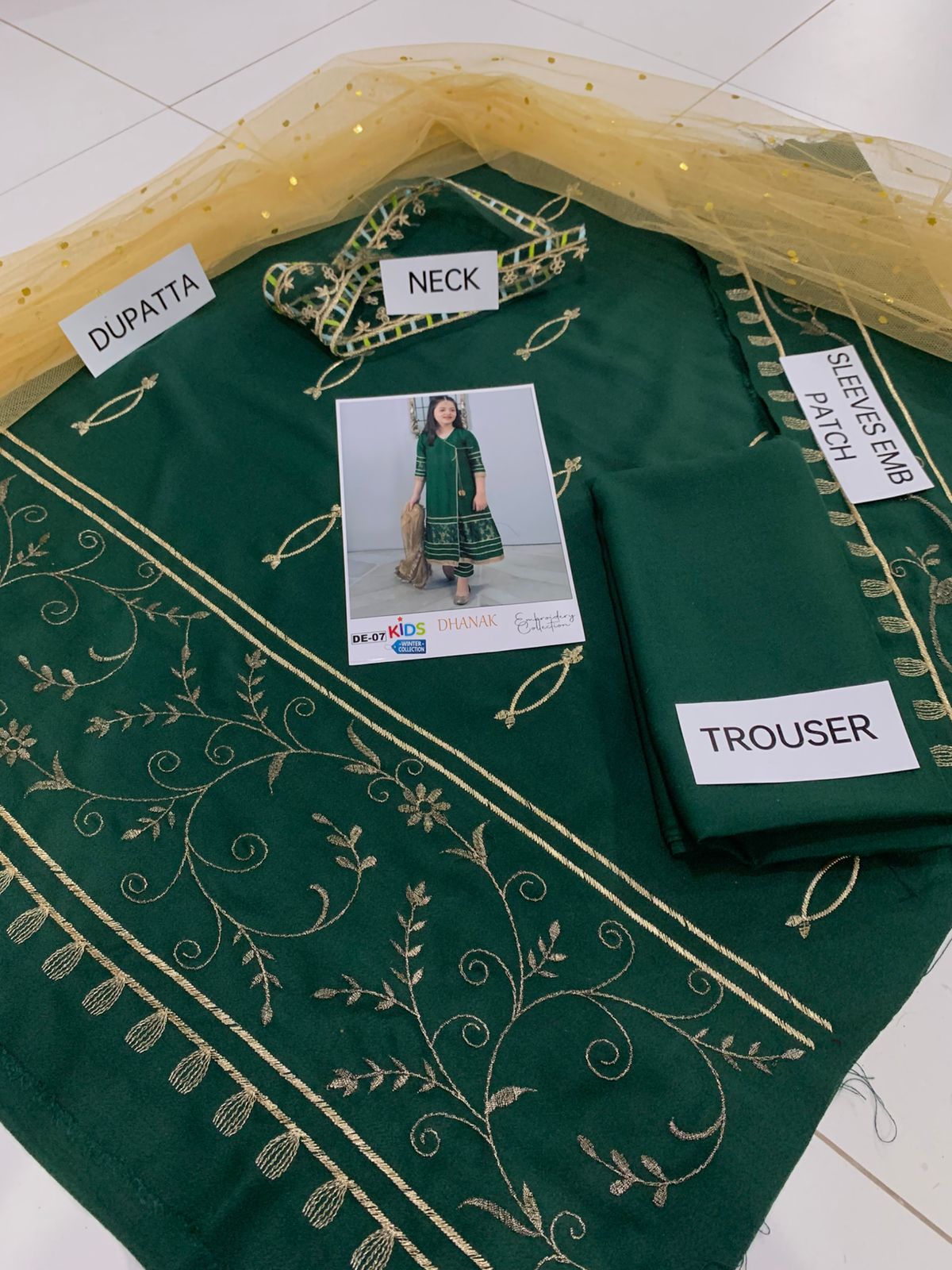 Kids 3PC Embroidered Winter Dress With Net Dupatta - Unstitched - DE07