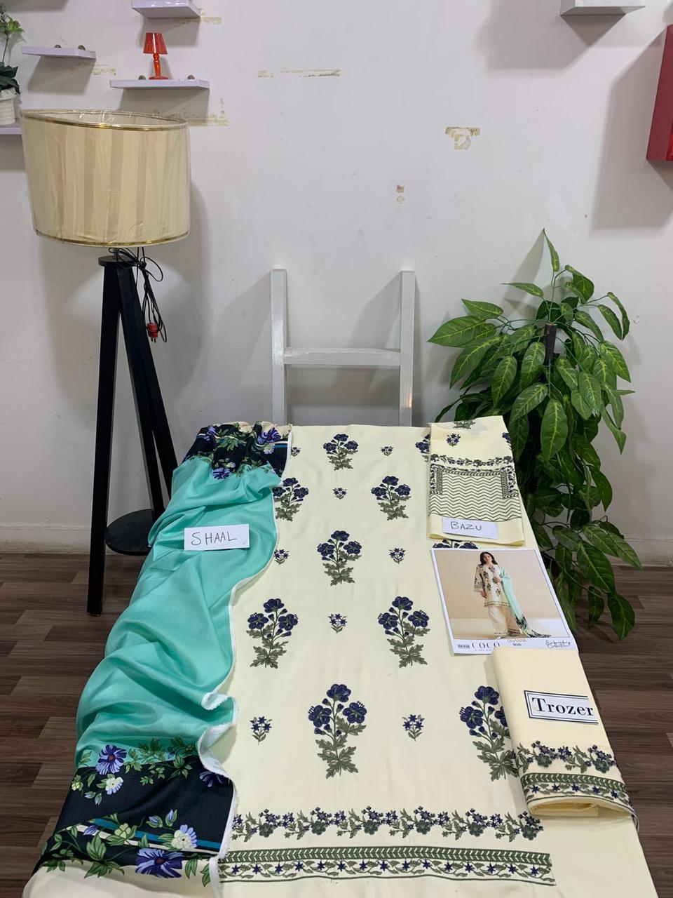 EMB 3PC Unstitched Winter Dress With Pashmina Printed Shawl- DE-132