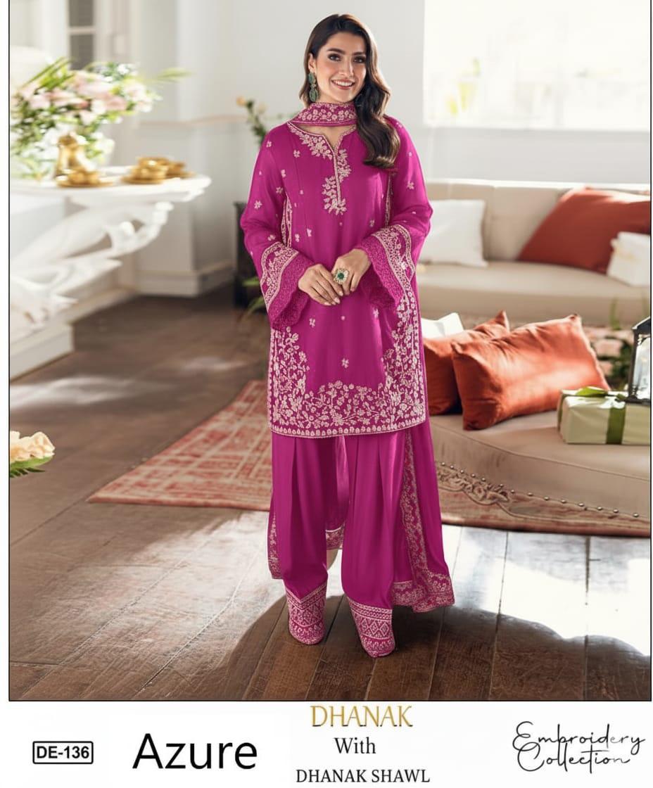EMB 3PC Dhanak Unstitched Winter Dress With EMB Shawl- DE-136PK
