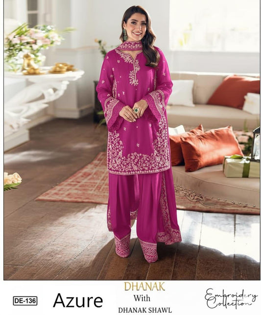 EMB 3PC Dhanak Unstitched Winter Dress With EMB Shawl- DE-136PK