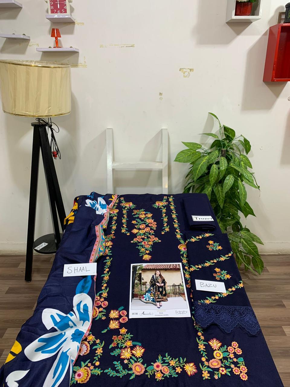 EMB 3PC Unstitched Winter Dress With Pashmina Printed Shawl- DE-143