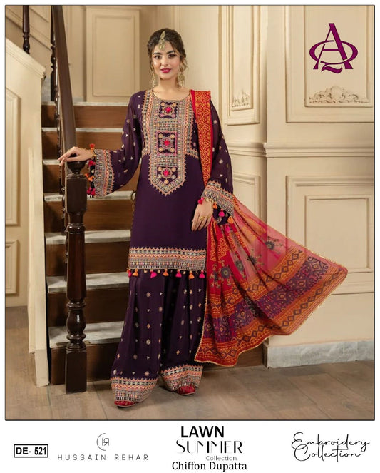 Emb 3PC Lawn Summer Dress With Printed Silk Dupatta - DE-521